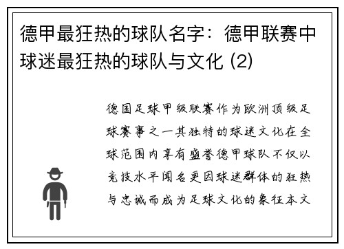 德甲最狂热的球队名字：德甲联赛中球迷最狂热的球队与文化 (2)