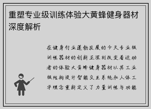 重塑专业级训练体验大黄蜂健身器材深度解析