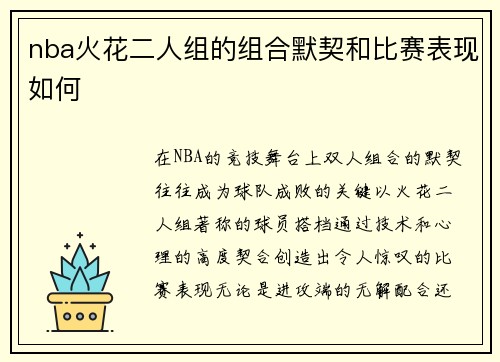 nba火花二人组的组合默契和比赛表现如何